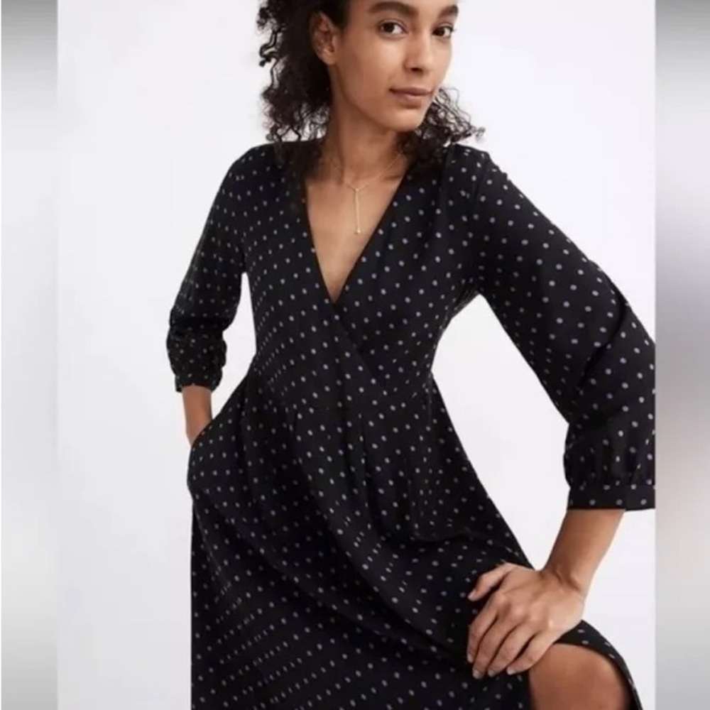 Madewell Faux Wrap Midi Dress Black with Purple Dots